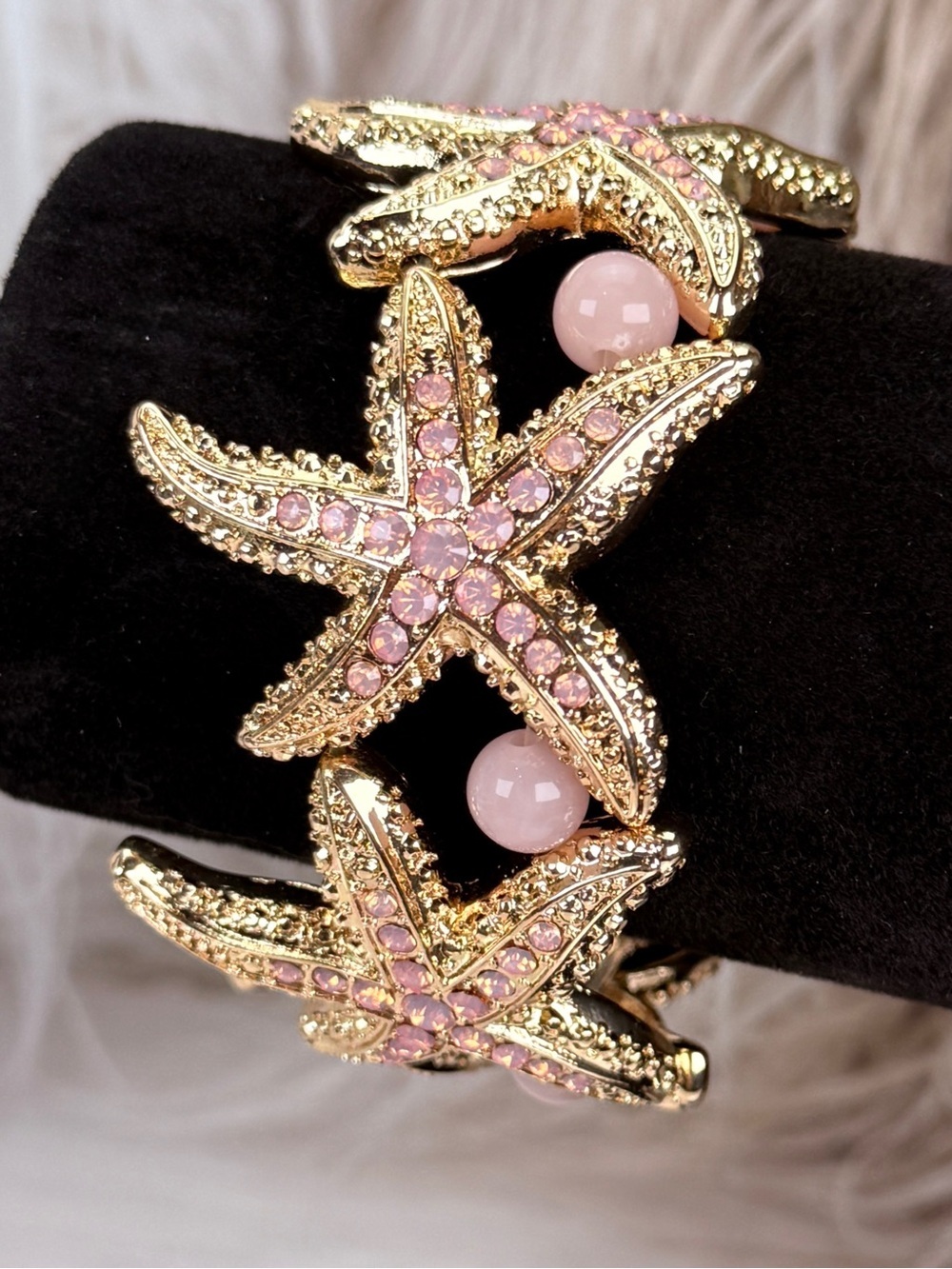 Goldtone Starfish Pink Crystal Wide Stretch Statement Bracelet